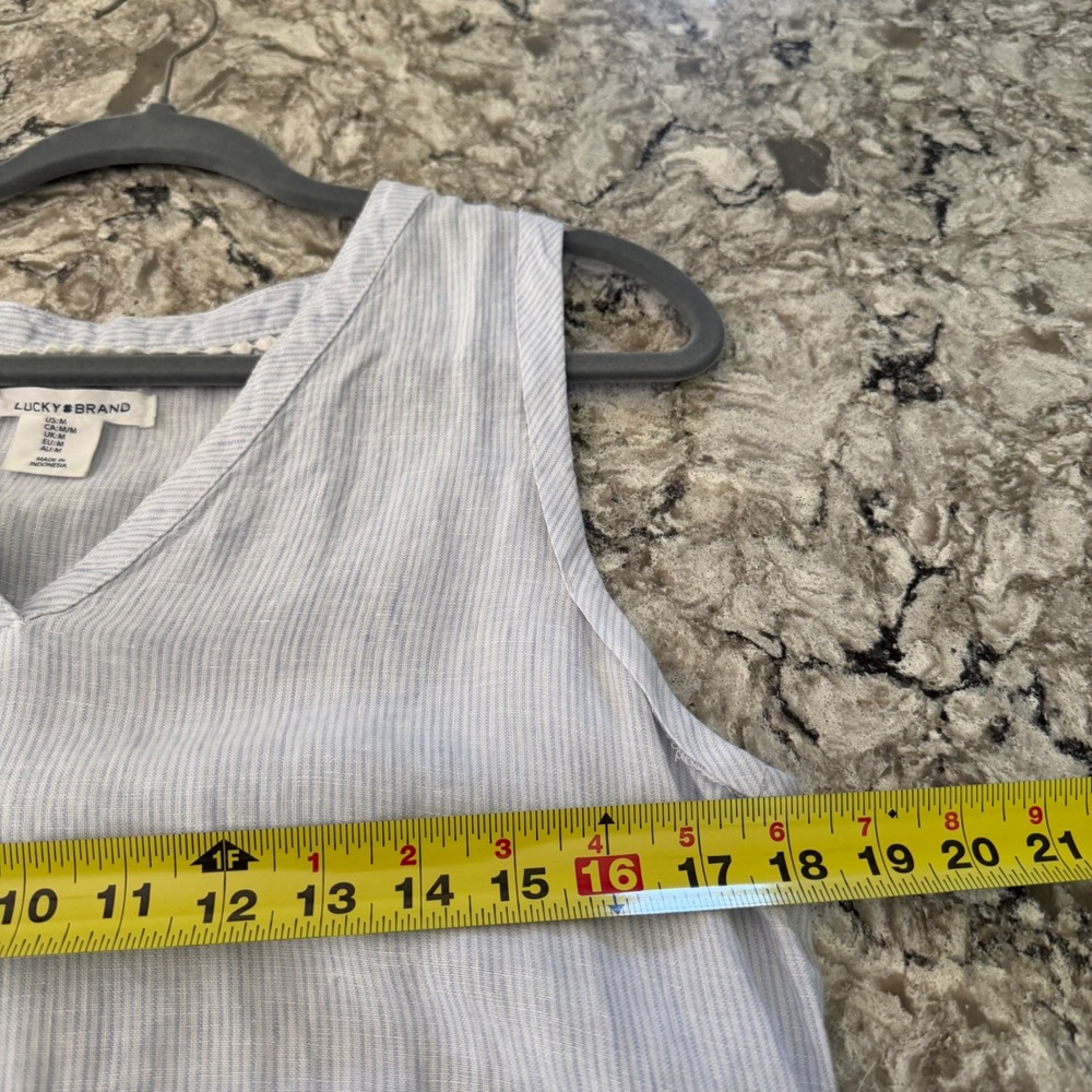 Lucky Brand 100% Linen Dress Blue Striped Tiered Skirt V-Neck Sleeveless Beachy - Picture 8 of 11